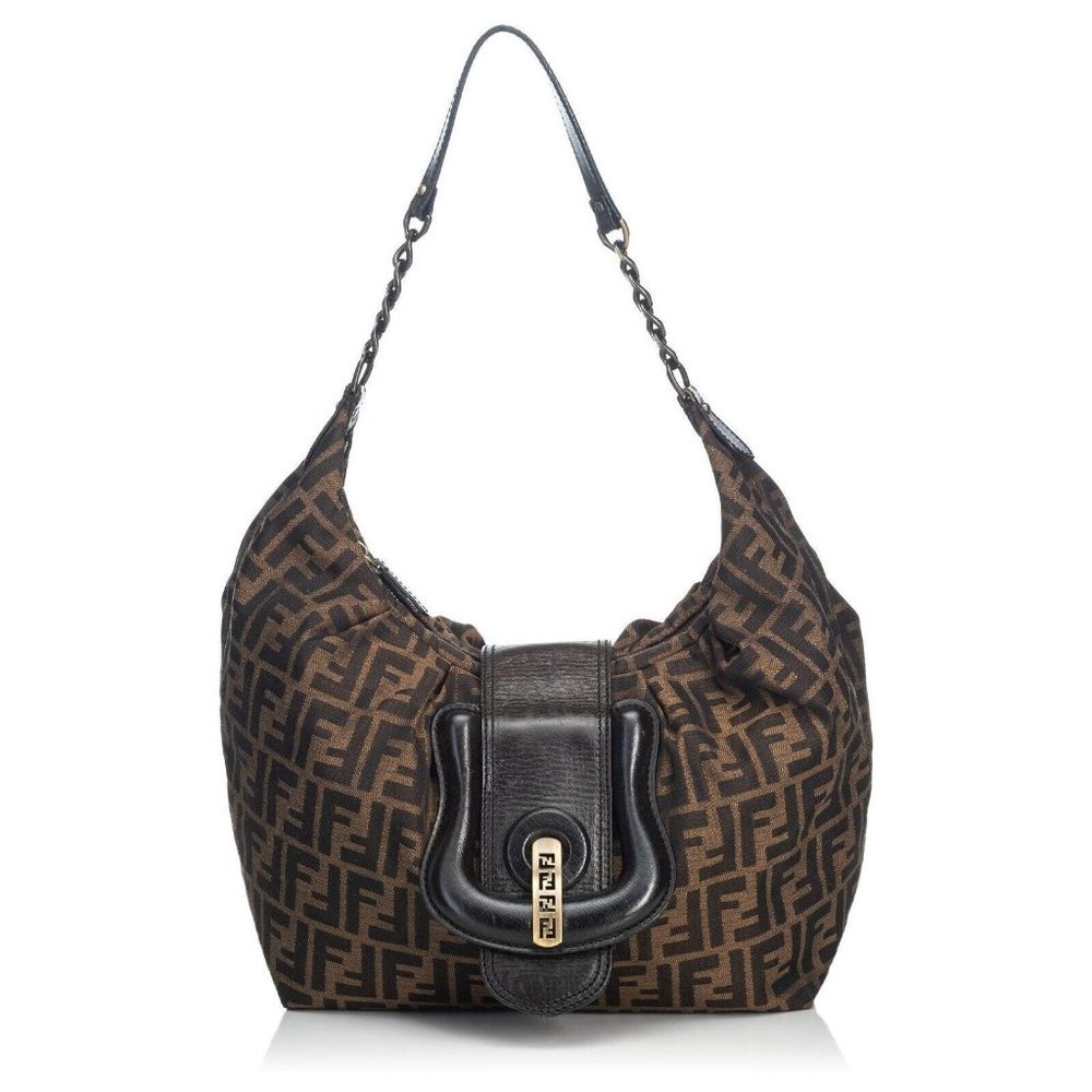 Fendi Brown Zucca B Buckle Canvas Leather Shoulder Bag